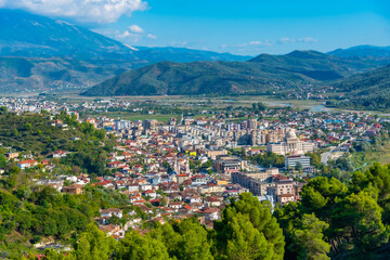 Aerial view of Berat dominated by the Albanian University, Albania