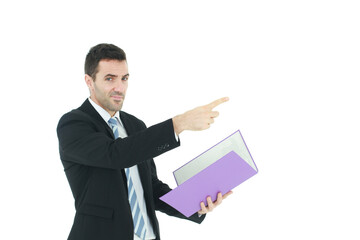 Handsome Caucasian businessman in black suit and holding violet document file and index finger to forward isolated on white background.