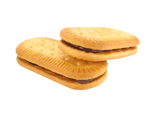 Sandwich cookies or biscuits filled with cocoa cream, isolated on white