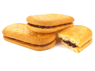 Fototapeta na wymiar Sandwich cookies or biscuits filled with cocoa cream, isolated on white