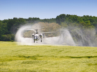 Aerial spraying over a field of wheat to control pests in agriculture