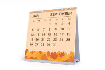 3D Rendering - Calendar for September with autumn leaves theme. 2021 Monthly calendar week starts on sunday.