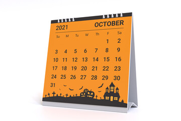 3D Rendering - Calendar for October with halloween theme. 2021 Monthly calendar week starts on sunday.