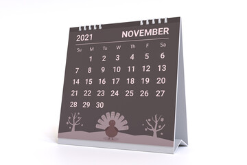 3D Rendering - Calendar for November with thanksgiving theme. 2021 Monthly calendar week starts on sunday.