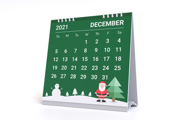 3D Rendering - Calendar for December with christmas theme. 2021 Monthly calendar week starts on sunday.