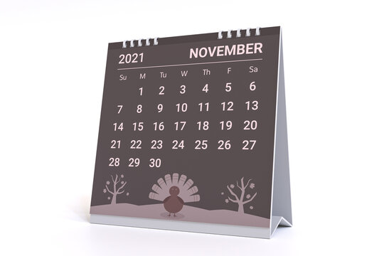 3D Rendering - Calendar for November with thanksgiving theme. 2021 Monthly calendar week starts on sunday.