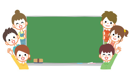 Illustration of kids and blackboard. The blackboard is a text space. © さしみ（sashimi）