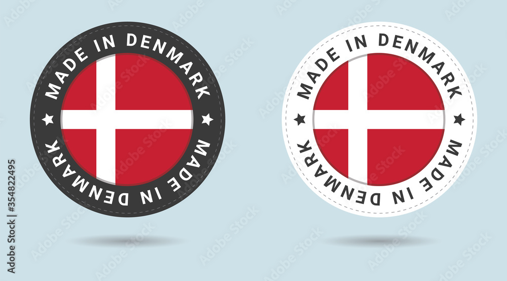 Poster set of two danish stickers. made in denmark. simple icons with flags.