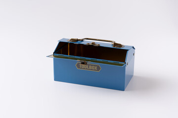 blue metal tool box on white background