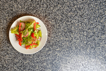 Vegetable salad with radishes,cucumber, sweet pepper and dill. Served in a white plate over grey textured table.