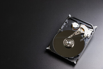 Opened hard drive from the computer hdd with mirror effects. Part of computer pc, laptop