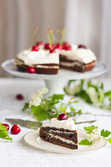 Piece of homemade cherry cake with whipping cream and cherry berry on top surrounded with flowering  branches on white tablecloth