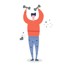 Young man holds dumbbells in his hands, does sports at home. Exercises, fitness, gym. Hand drawn flat vector illustration.