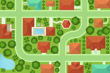 Plakat Top view of town neighborhood vector, residential buildings,parks and streets from above illustration