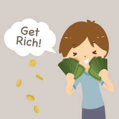 Cute little boy holding his money in doodle vector illustration