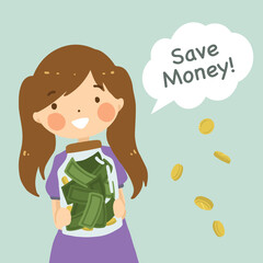 Cute little girl holding her money jar full of money in doodle vector illustration