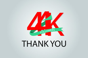 44K, 44.000 Thank you followers social media. Red logo with Tosca ribbon. For Social Medias, internet ads - Vector