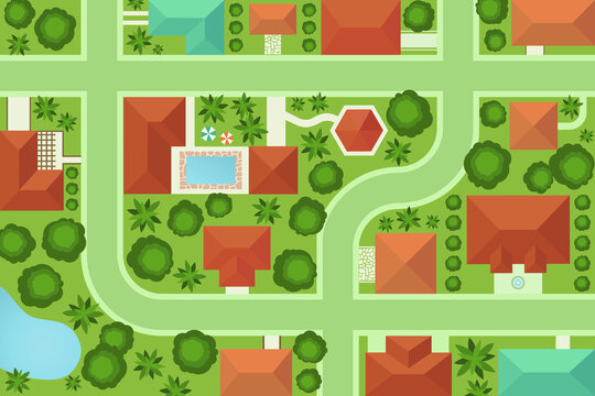 Top view of town neighborhood vector, residential buildings,parks and streets from above illustration