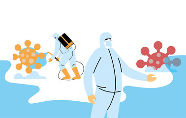 Men wearing protective suit and disinfectant isolated to avoid covid 19