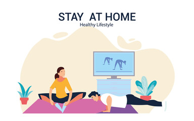 couple doing guided exercises on television