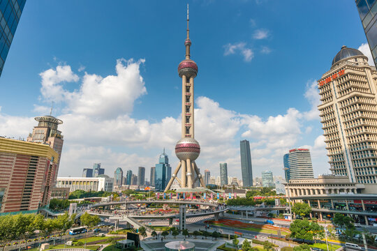 Shanghai, China - Nov 11, 2017: View of Oriental Pearl Tower in Shanghai. It is a landmark and popular tourist attraction in Shanghai located at Lujiazui, the CBD of Shanghai.