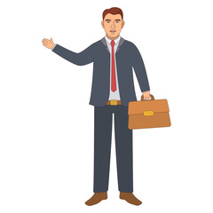 Satisfied businessman with a briefcase. Character office staff. A young guy in a suit and tie. Vector flat character.