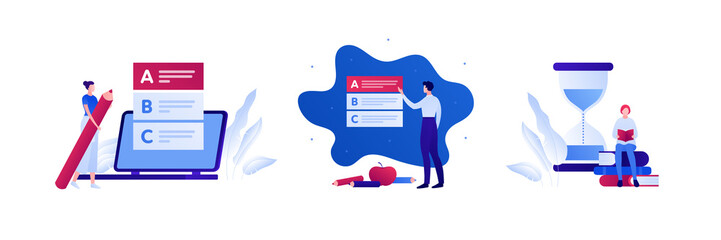 Online education and exam deadline concept. Vector flat people illustration set. Collection human character with laptop, test answer choose, hourglass watch. Design for college, school, course banner © tasty_cat