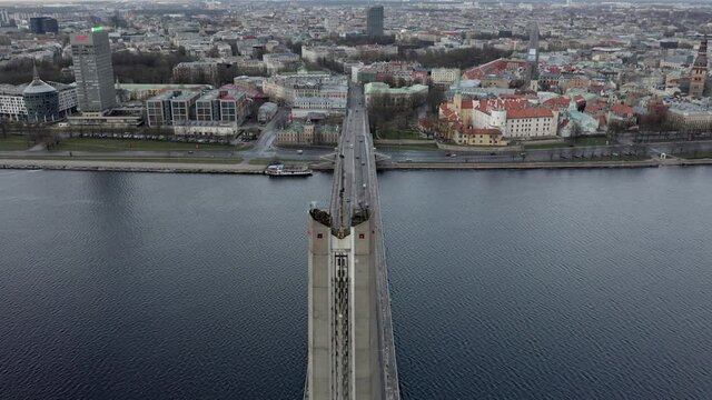 Slow drone flight over Vantu bridge Riga capital city of Latvia