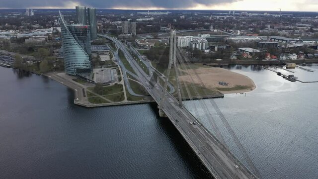 Panorama view over Riga Latvia drone rotate to the right