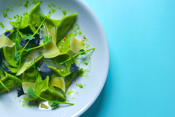 Green spinach ravioli dumplings with ricotta cheese and meat filling served in a blue plate over pastel blue background.