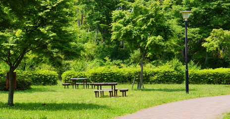 2020年5月30日八王子市で撮影：公園のベンチとテーブルを撮る2
