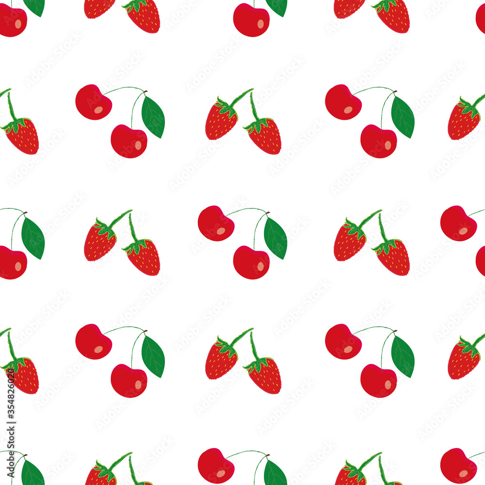Poster Red cherries and strawberries handdraw vector repeat pattern print background design