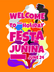 Festa Junina, Vector illustrations for poster, abstract banner, background or card for the brazilian holiday, festival, party and event, golden guitar, musicians and shops