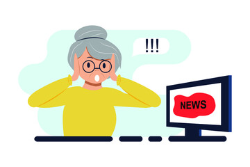 Elderly woman watching news on TV, computer. Shock content, fake news, lies or gossip on television. Emotion of surprise, stress, shock, disturbance. Vector illustration in flat style, cartoon style