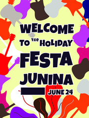 Festa Junina, Vector illustrations for poster, abstract banner, background or card for the brazilian holiday, festival, party and event, golden guitar, musicians and shops