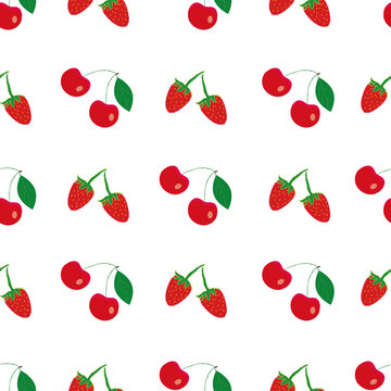 Red cherries and strawberries handdraw vector repeat pattern print background design