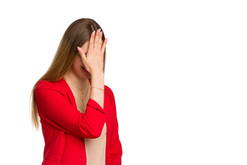 A young business woman against a white background isolated