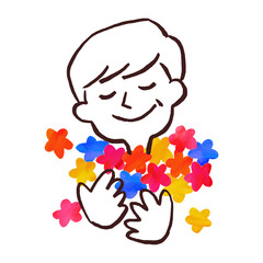 花束を抱き微笑む男性のイラスト