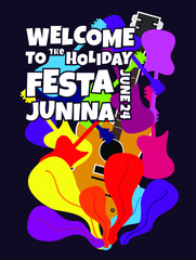 Festa Junina, Vector illustrations for poster, abstract banner, background or card for the brazilian holiday, festival, party and event, golden guitar, musicians and shops