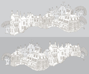 Vector brown outline contoured fantasy landscape, trees, fairy tale small town medieval buildings on a grey background. T shirt print. Adults Coloring Book page 