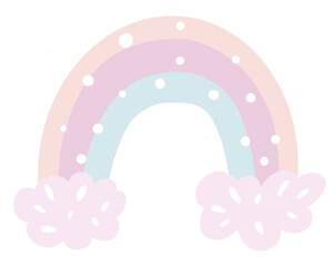 Illustration color cartoon rainbow in gentle pastel colors with elements and details on a white isolated background.