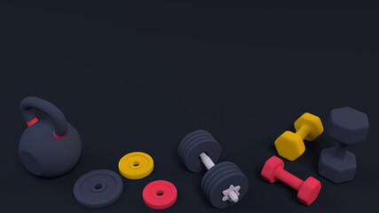 3D illustration weights for lifting in the gym or at home workout get strong and fit muscular body athletic lift weight enjoy sport recreation healthy training hard activity exercise daily  background