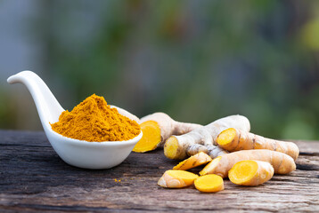 fresh turmeric root and turmeric powder in spoon on wooden background