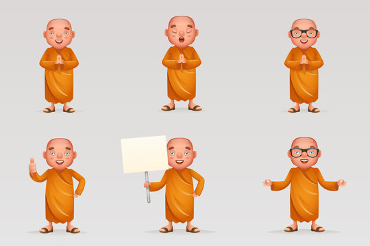 Buddhist cute monk traditional asian buddhist culture religion cartoon 3d realistic character icons design set vector illustration