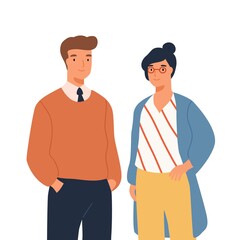 Portrait of funny businessman and businesswoman standing together vector flat illustration. Two stylish smiling people colleagues isolated on white. Joyful man and woman office workers