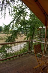 View from luxury tent in the treetops in the African style to exposition of giraffe and gnus. Safari Park Dvůr Králové (Dvůr Králové Zoo), Czech Republic, Europe.