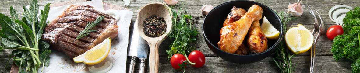 Grilled meat  on rustic wooden table