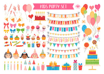 Kids party elements set. Flat birthday collection