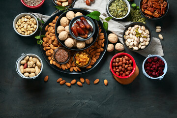 Different types of nuts, seeds and dried fruits