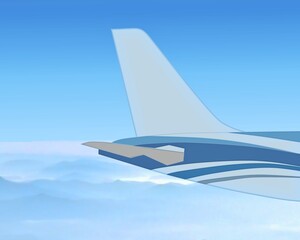 The tail of the airplane such as vertical stabilizer, horizontal stabilizer, and empennage. Blue tone color fuselage patterns. Airplane with blue and cloudy sky. View of aerial.